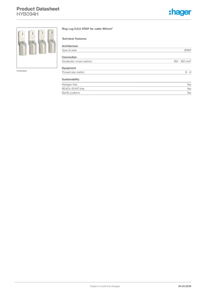 Image Hager Product data sheet HYB094H  | Hager Africa