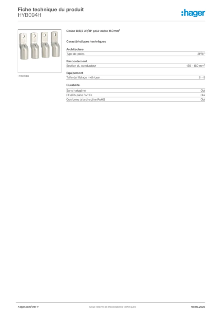Image Hager Fiche technique du produit HYB094H | Hager Afrique
