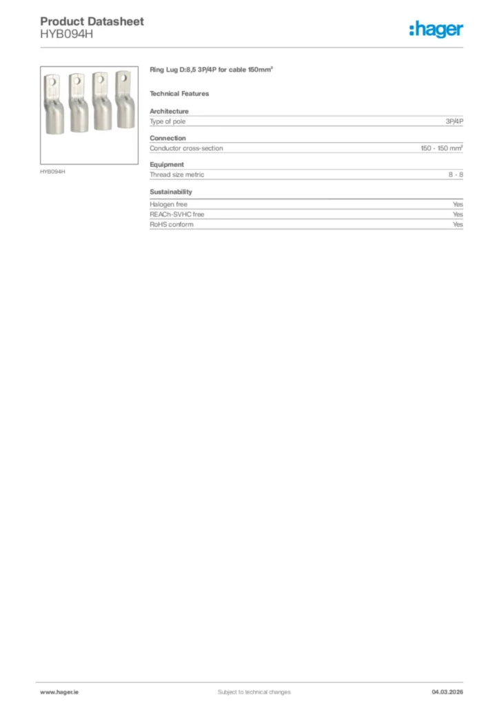 Image Hager Product data sheet HYB094H  | Hager