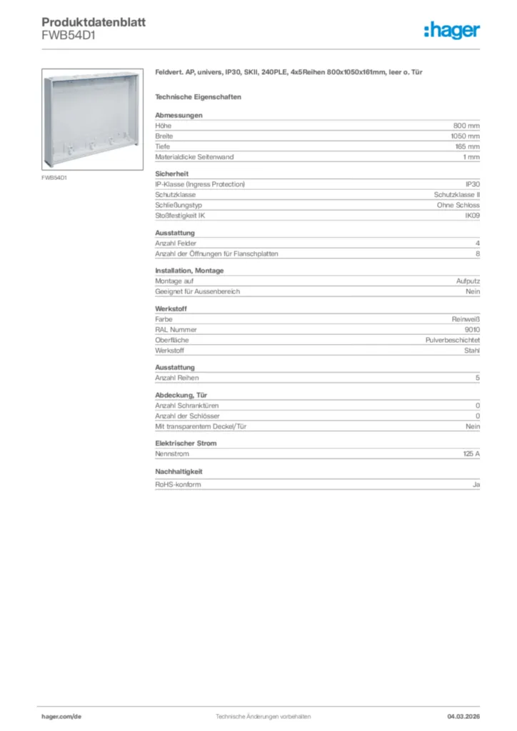 Bild Hager Produktdatenblatt FWB54D1 | Hager Deutschland