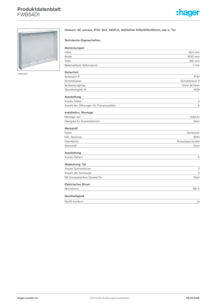 Bild Hager Produktdatenblatt FWB54D1 | Hager Schweiz