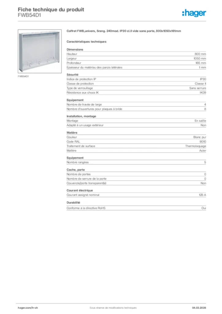 Image Hager Fiche technique du produit FWB54D1 | Hager Suisse