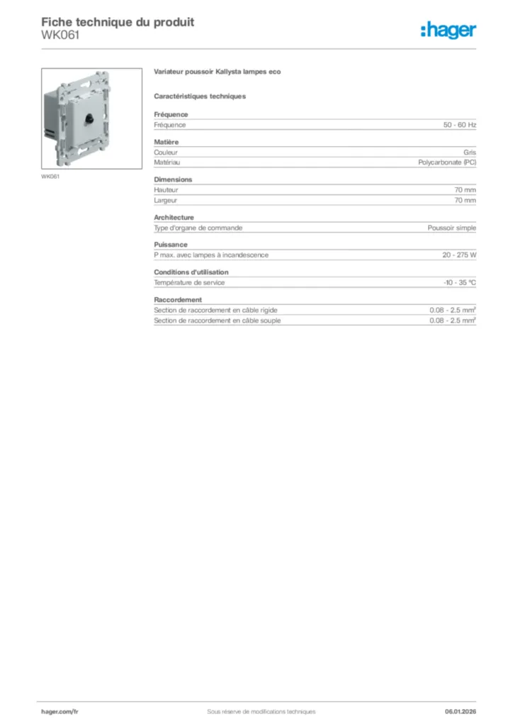 Image Hager Fiche technique du produit WK061 | Hager France
