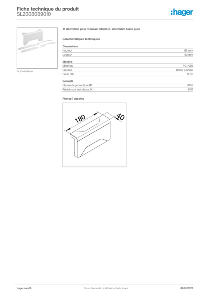 Image Hager Fiche technique du produit SL2008089010 | Hager France