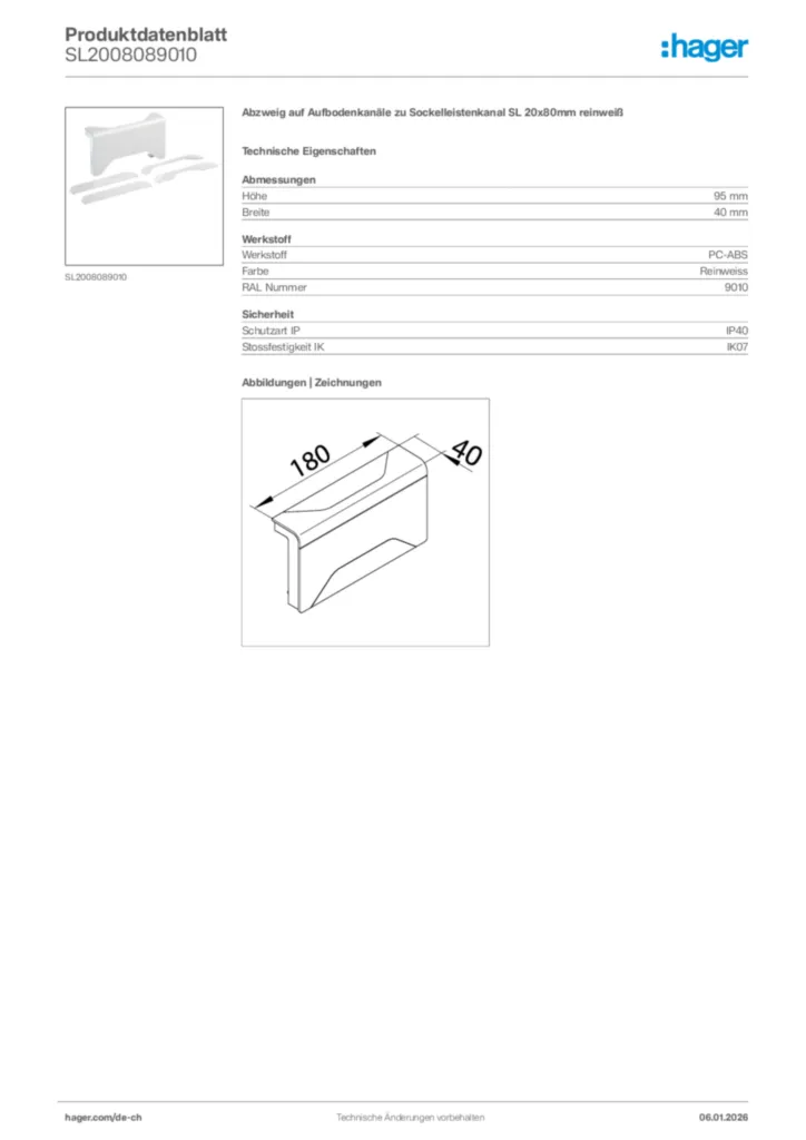 Bild Hager Produktdatenblatt SL2008089010 | Hager Schweiz