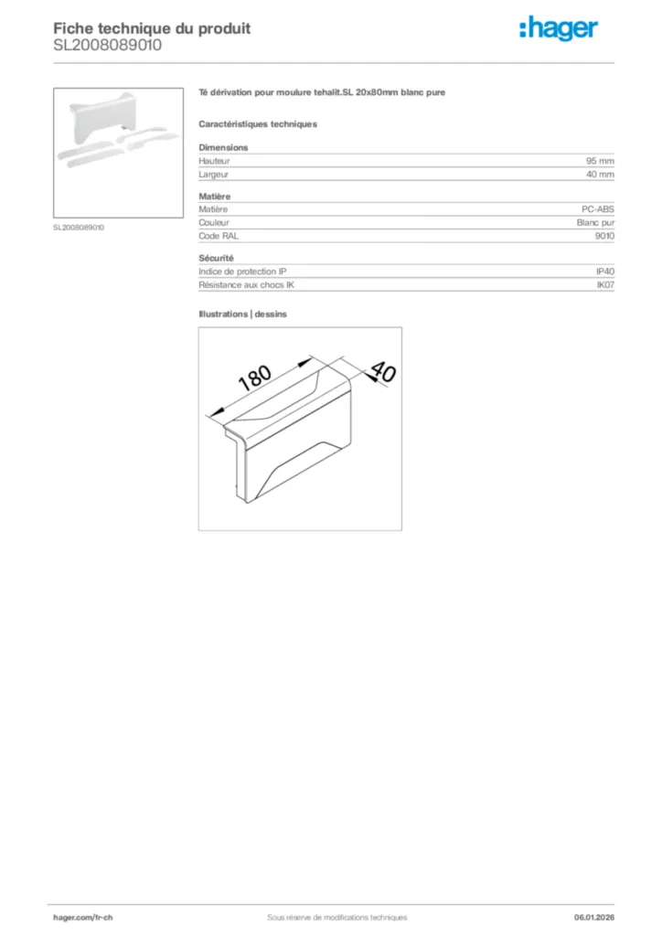 Image Hager Fiche technique du produit SL2008089010 | Hager Suisse