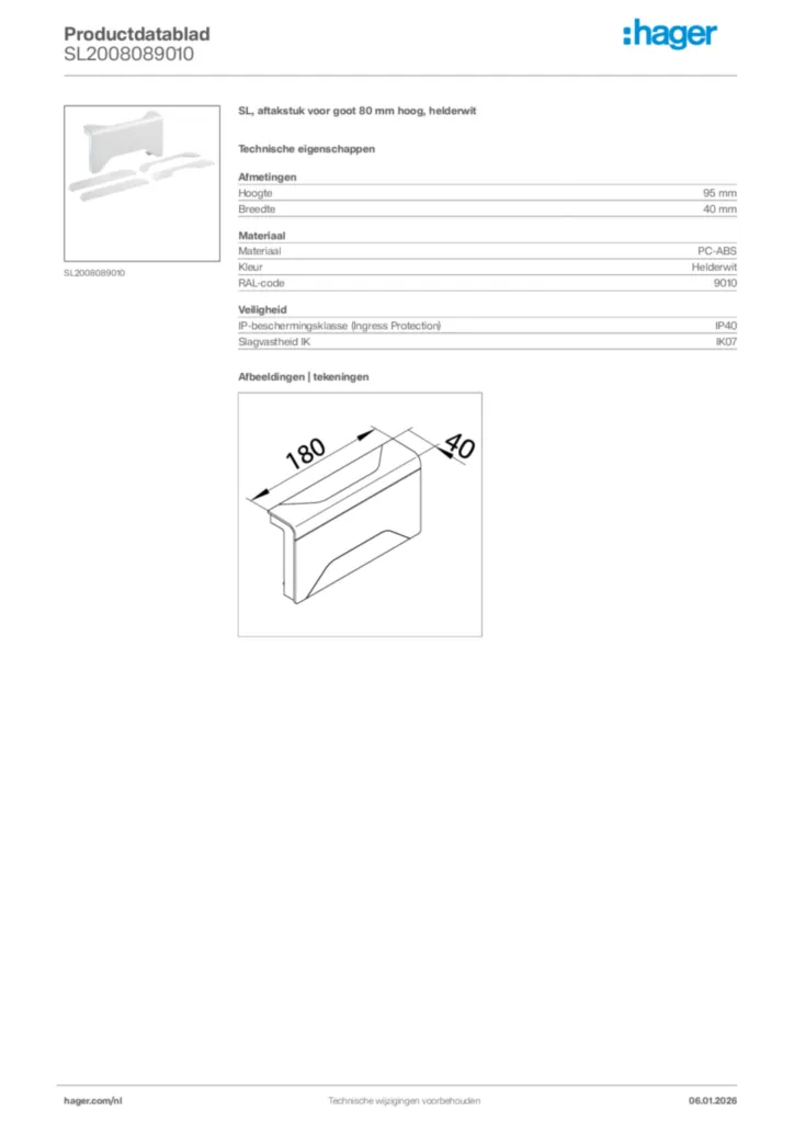 Afbeelding Hager Productdatablad SL2008089010 | Hager Nederland