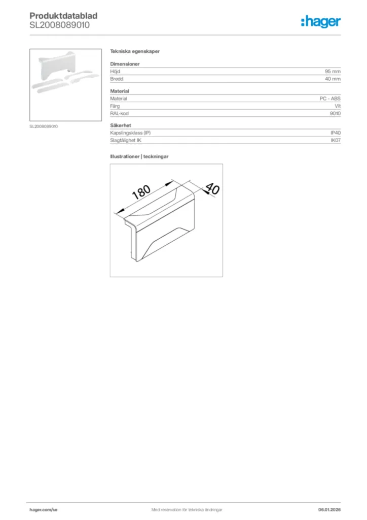 Bild Hager Produktdatablad SL2008089010 | Hager Sverige