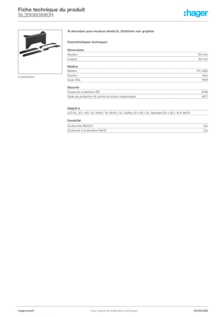 Image Hager Fiche technique du produit SL2008089011 | Hager France