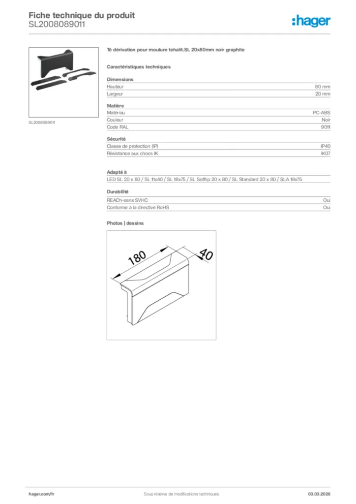 Image Hager Fiche technique du produit SL2008089011 | Hager France