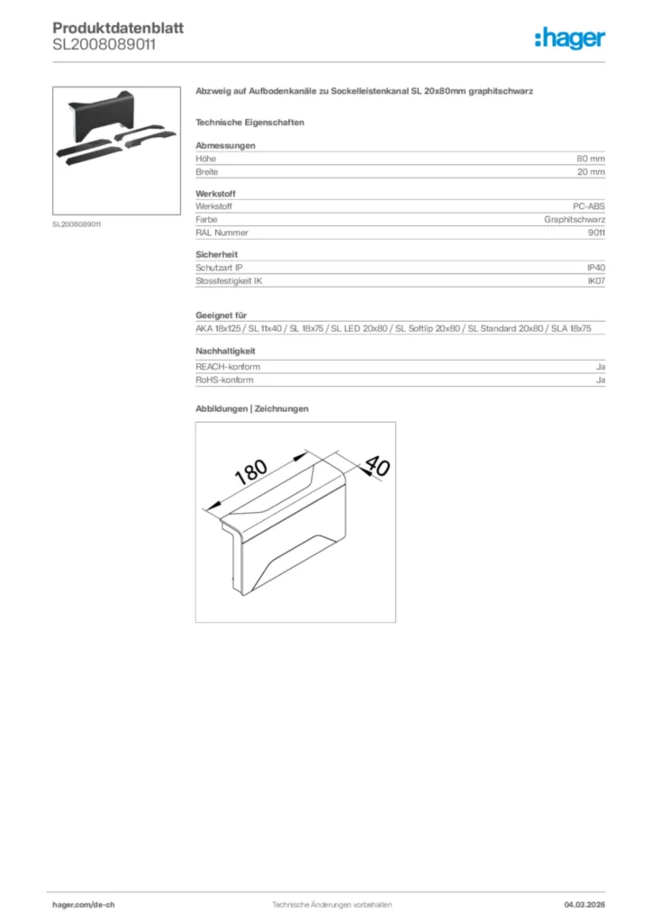Bild Hager Produktdatenblatt SL2008089011 | Hager Schweiz
