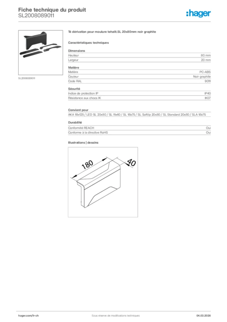 Image Hager Fiche technique du produit SL2008089011 | Hager Suisse