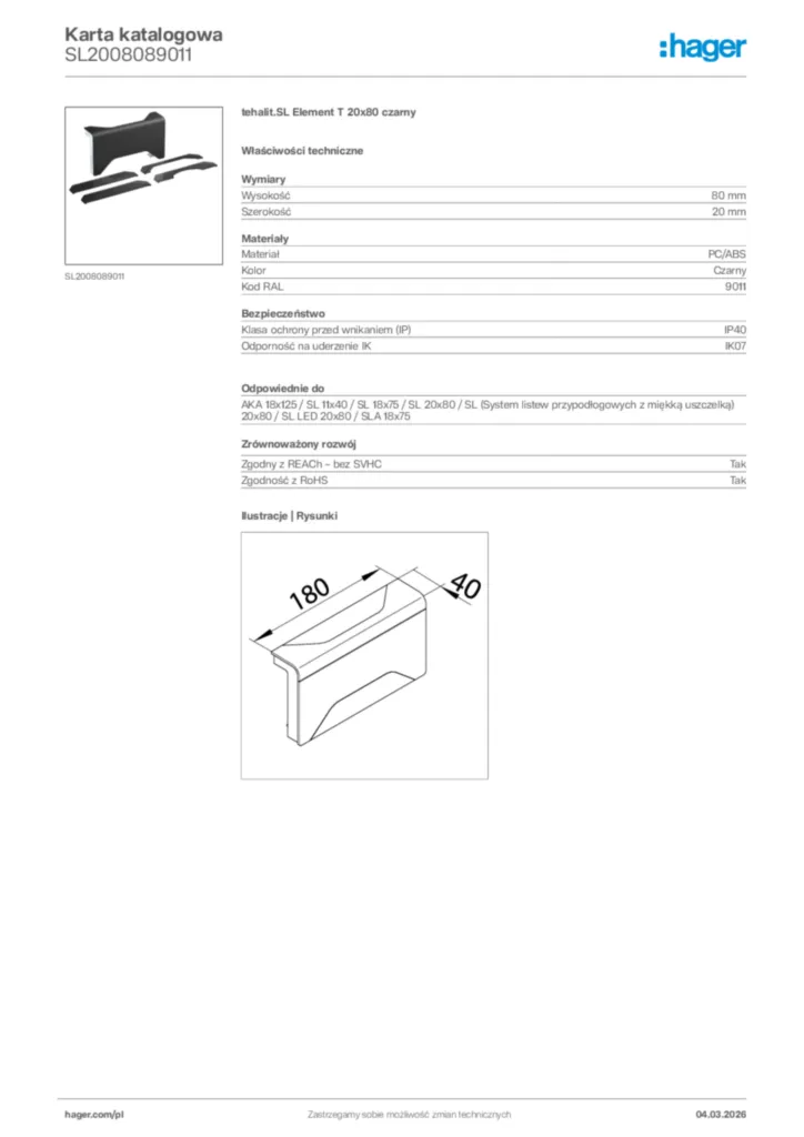 Zdjęcie Hager Karta katalogowa SL2008089011 | Hager Polska
