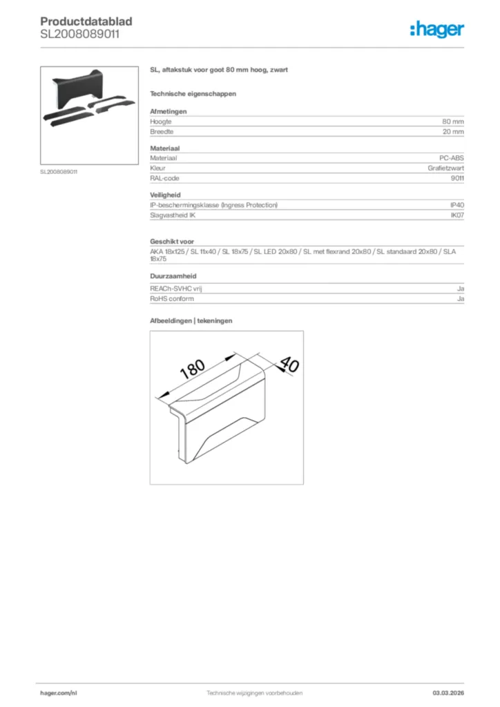 Afbeelding Hager Productdatablad SL2008089011 | Hager Nederland