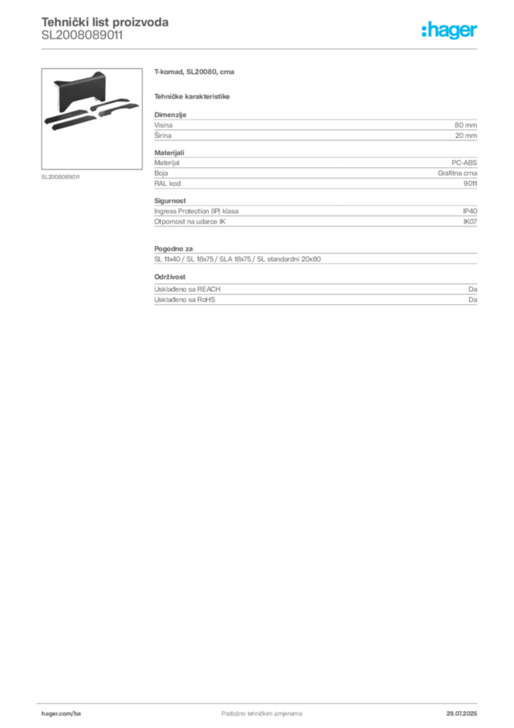 Slika Hager Product data sheet SL2008089011  | Hager