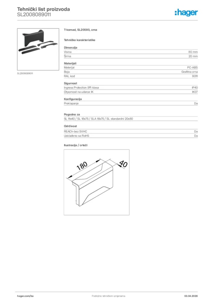 Slika Hager Tehnički list proizvoda SL2008089011  | Hager