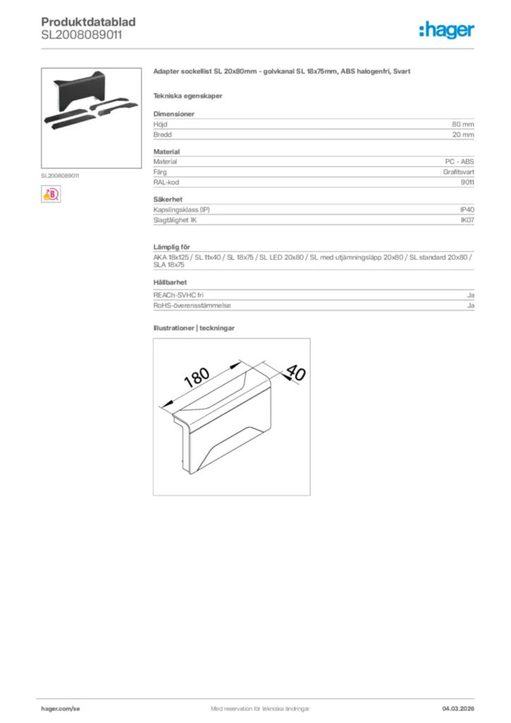 Bild Hager Produktdatablad SL2008089011 | Hager Sverige