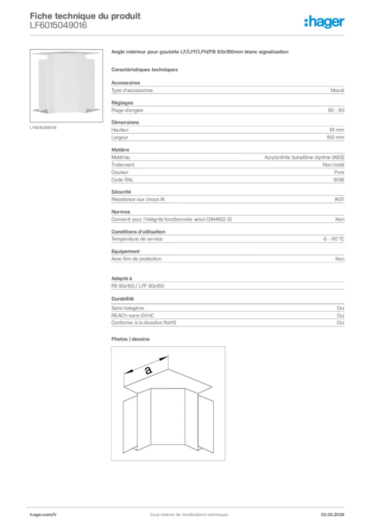 Image Hager Fiche technique du produit LF6015049016 | Hager France