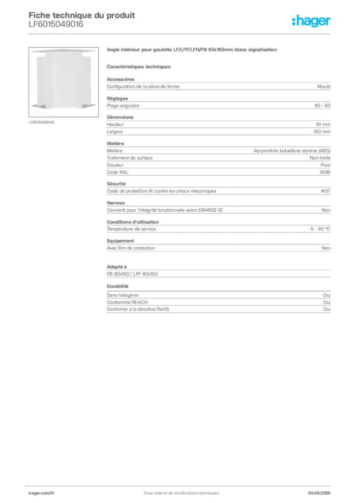 Image Hager Fiche technique du produit LF6015049016 | Hager France
