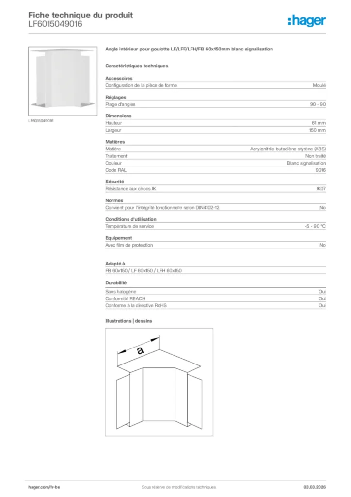Image Hager Fiche technique du produit LF6015049016 | Hager Belgique