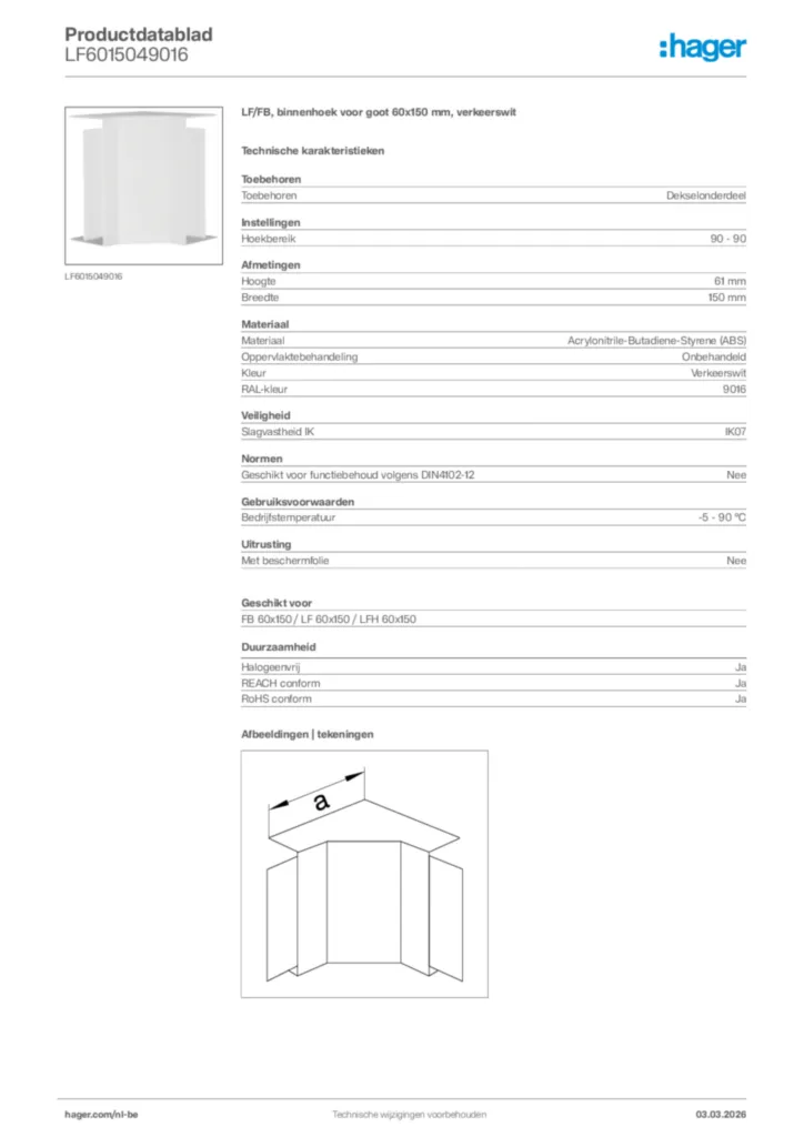 Afbeelding Hager Productdatablad LF6015049016 | Hager Belgium