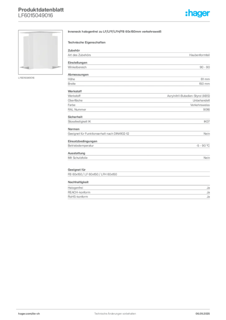 Bild Hager Produktdatenblatt LF6015049016 | Hager Schweiz