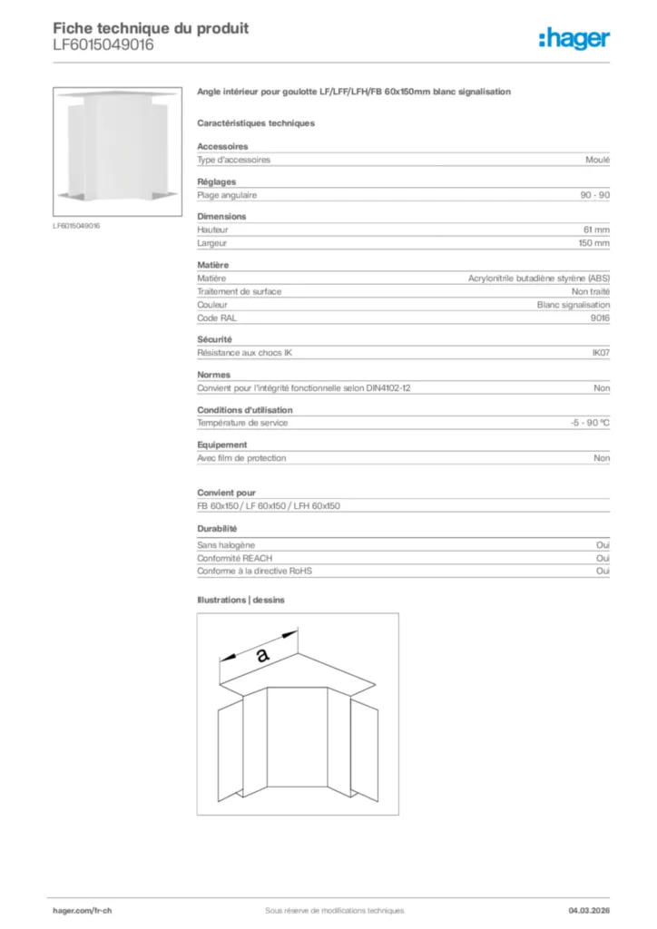 Image Hager Fiche technique du produit LF6015049016 | Hager Suisse