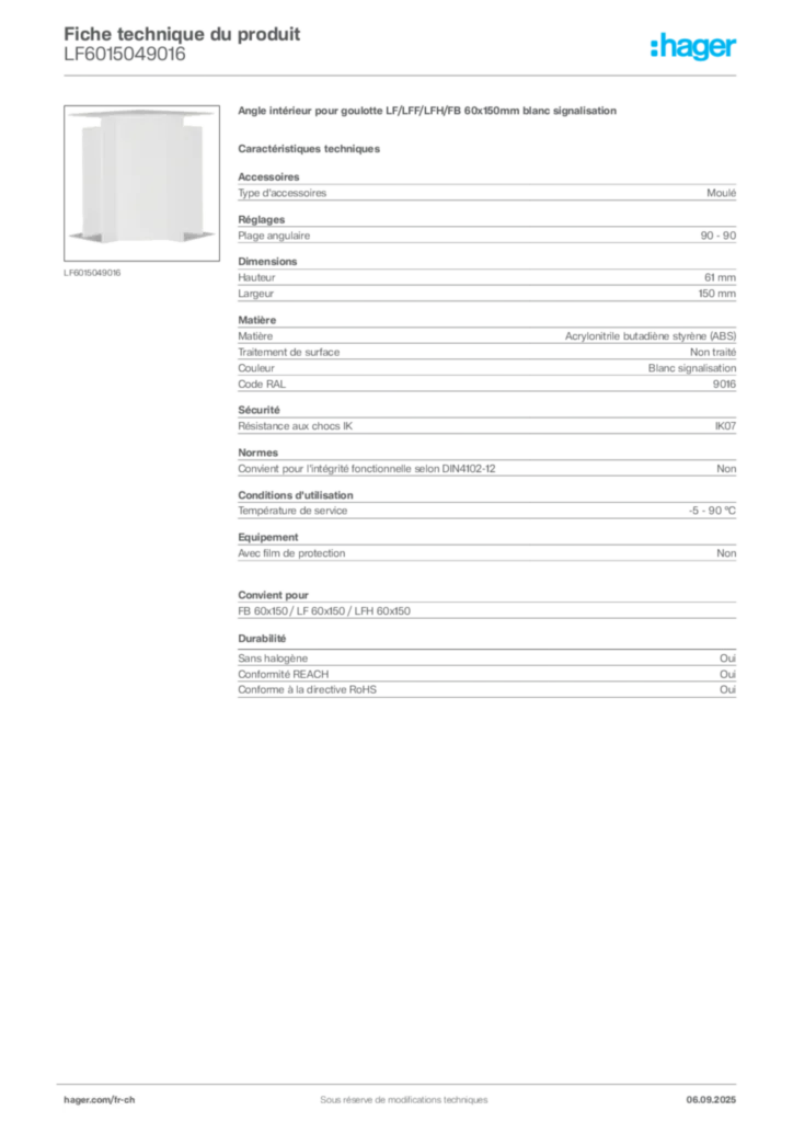 Image Hager Fiche technique du produit LF6015049016 | Hager Suisse