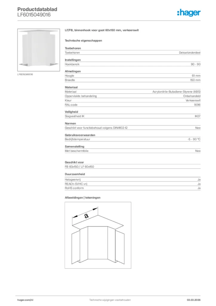 Afbeelding Hager Productdatablad LF6015049016 | Hager Nederland