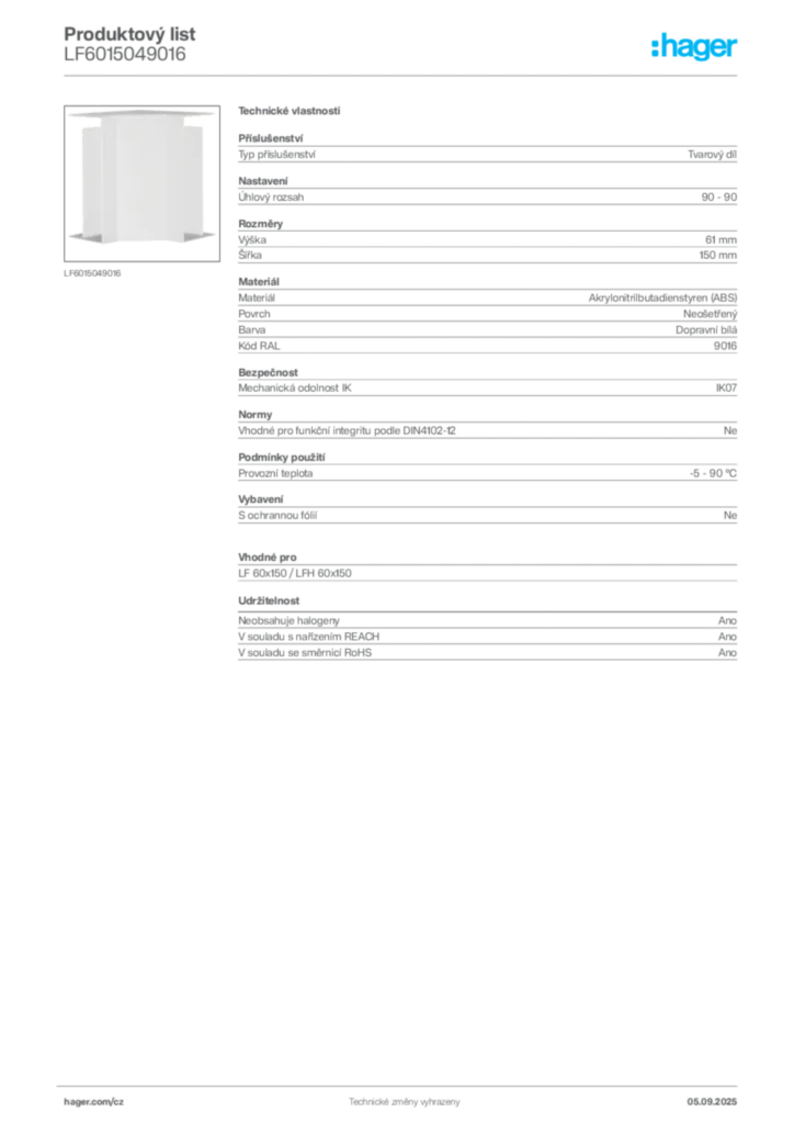Obrázek Hager Produktový list LF6015049016 | Hager