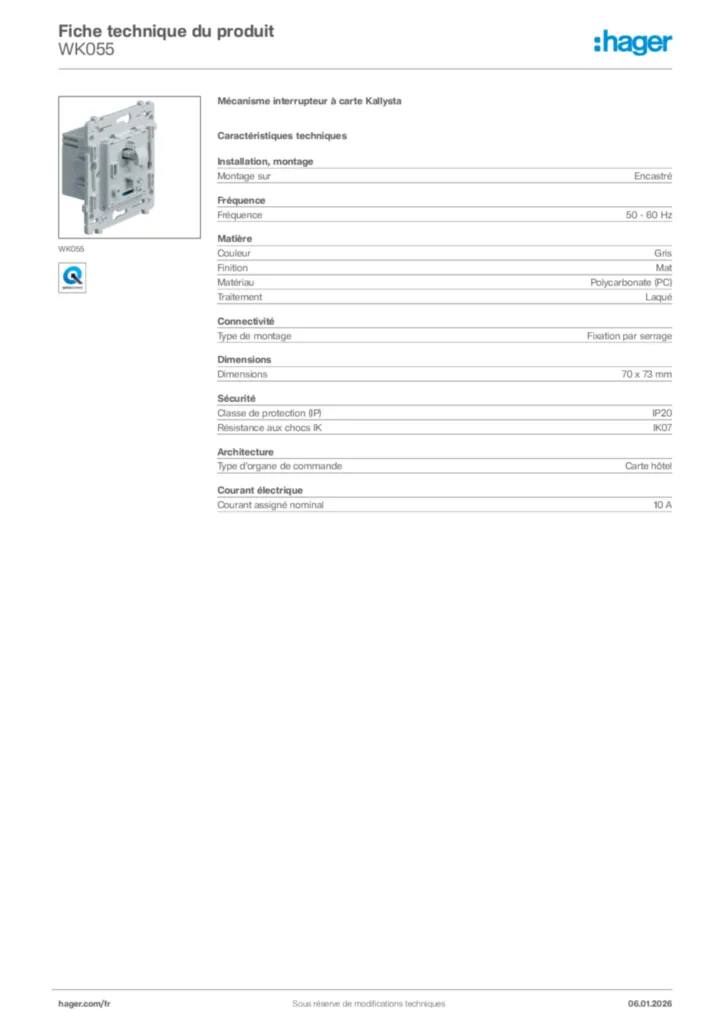 Image Hager Fiche technique du produit WK055 | Hager France