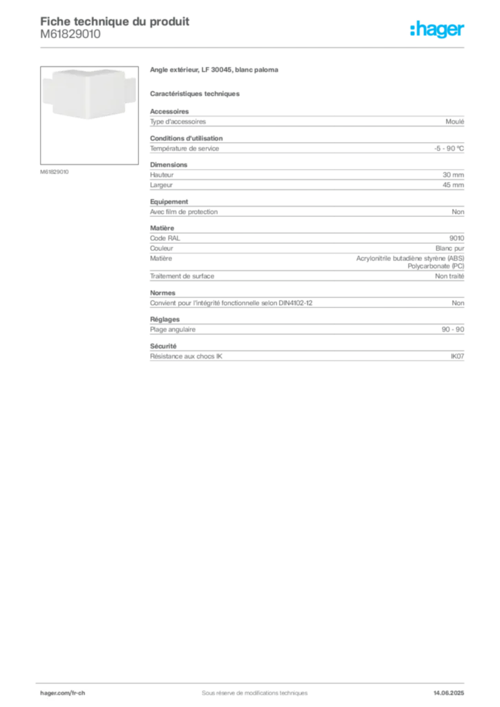 Image Hager Fiche technique du produit M61829010 | Hager Suisse