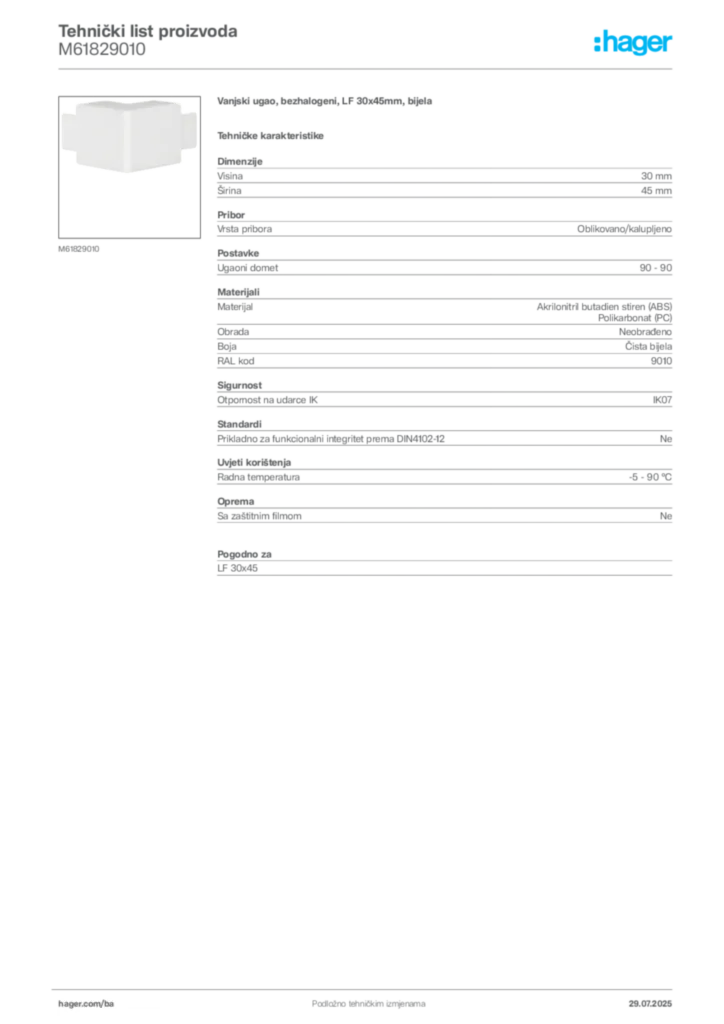 Slika Hager Product data sheet M61829010  | Hager