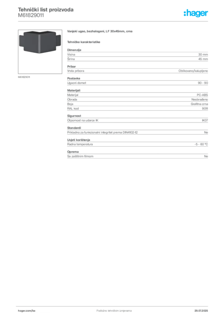 Slika Hager Product data sheet M61829011  | Hager