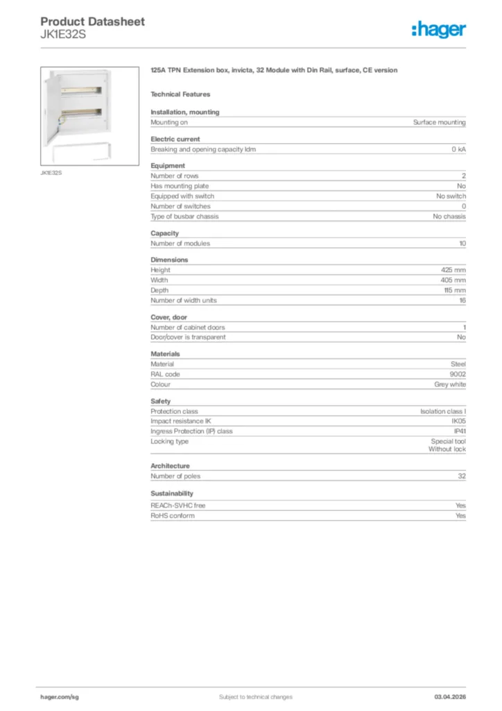 Image Hager Product data sheet JK1E32S  | Hager