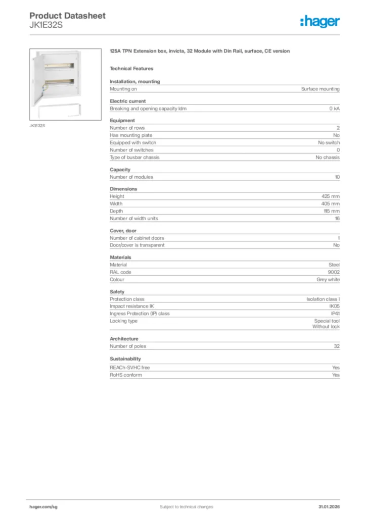 Image Hager Product data sheet JK1E32S  | Hager