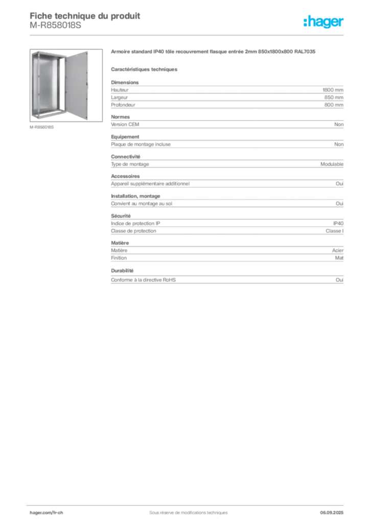 Image Hager Fiche technique du produit M-R858018S | Hager Suisse