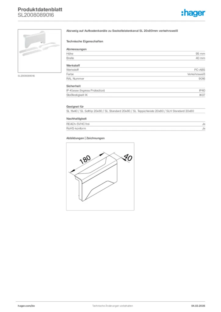 Bild Hager Produktdatenblatt SL2008089016 | Hager Deutschland