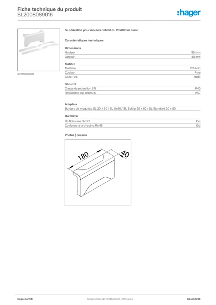 Image Hager Fiche technique du produit SL2008089016 | Hager France