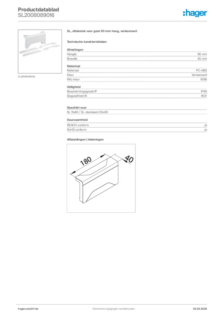 Afbeelding Hager Productdatablad SL2008089016 | Hager Belgium