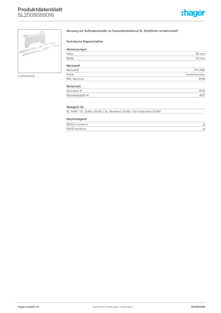 Bild Hager Produktdatenblatt SL2008089016 | Hager Schweiz