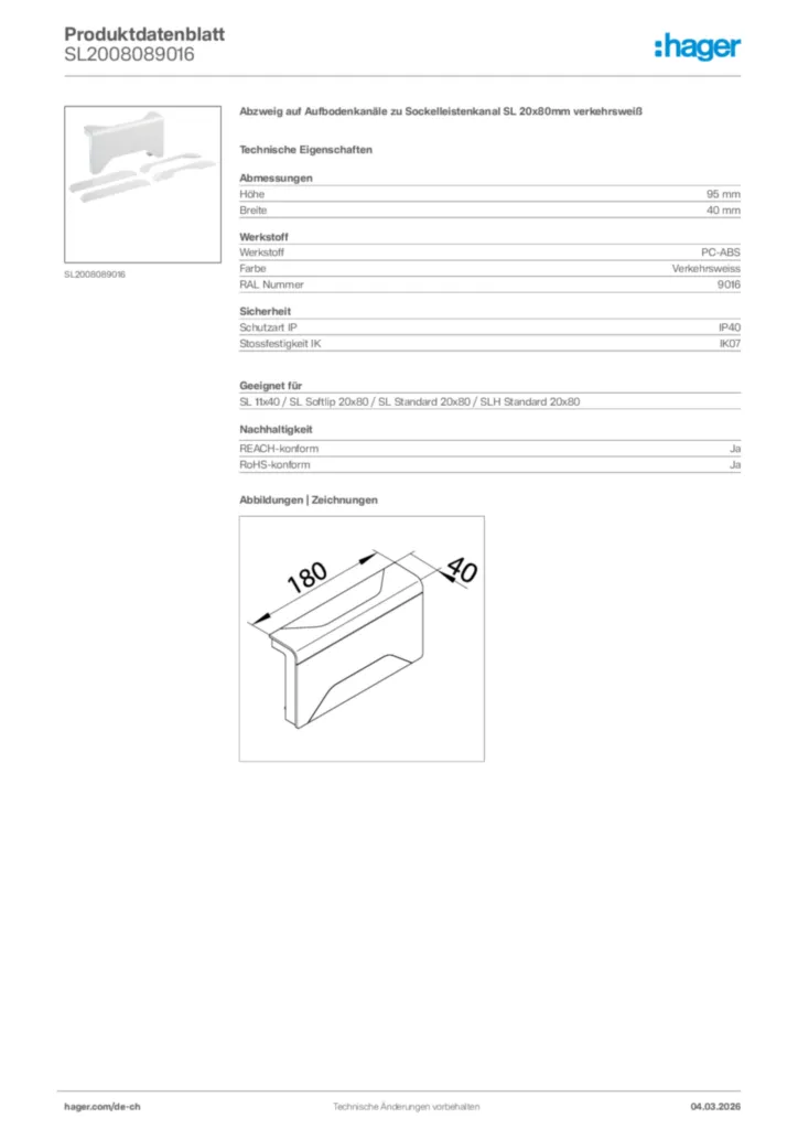 Bild Hager Produktdatenblatt SL2008089016 | Hager Schweiz