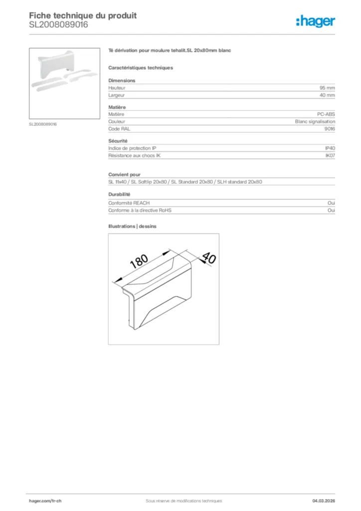 Image Hager Fiche technique du produit SL2008089016 | Hager Suisse