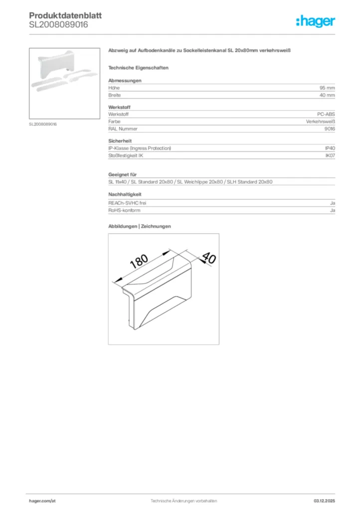 Bild Hager Produktdatenblatt SL2008089016 | Hager Deutschland