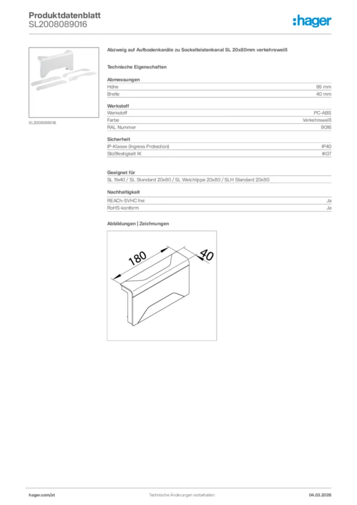 Bild Hager Produktdatenblatt SL2008089016 | Hager Deutschland
