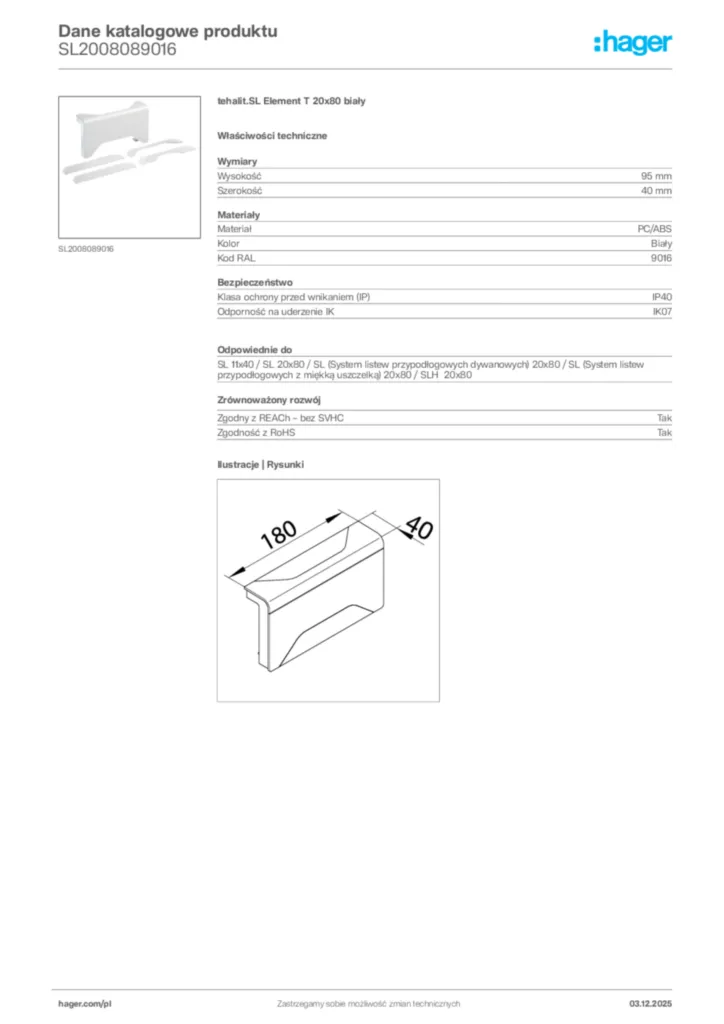 Zdjęcie Hager Dane katalogowe produktu SL2008089016 | Hager Polska