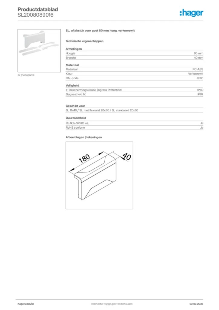 Afbeelding Hager Productdatablad SL2008089016 | Hager Nederland