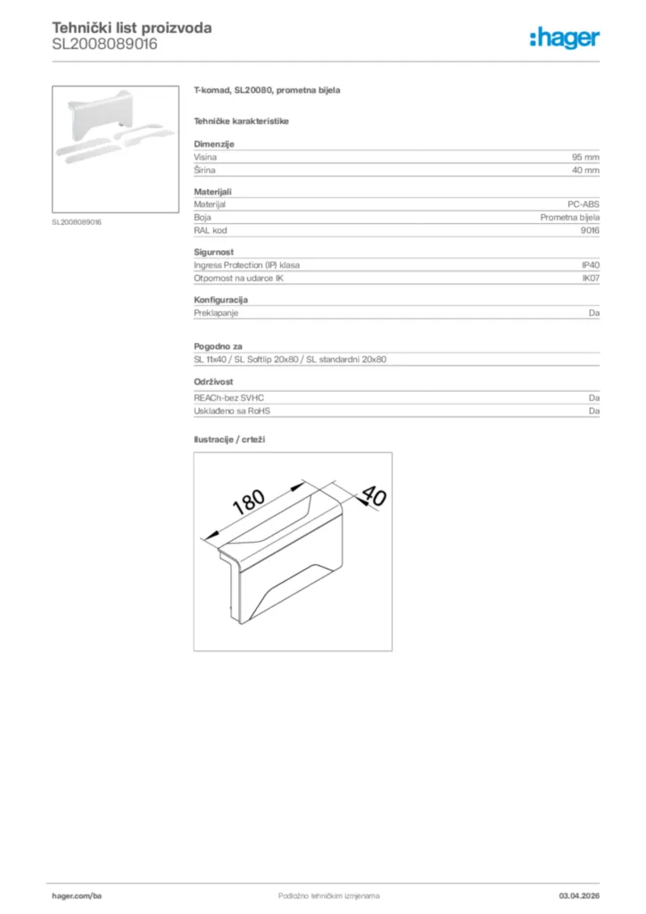 Slika Hager Tehnički list proizvoda SL2008089016  | Hager