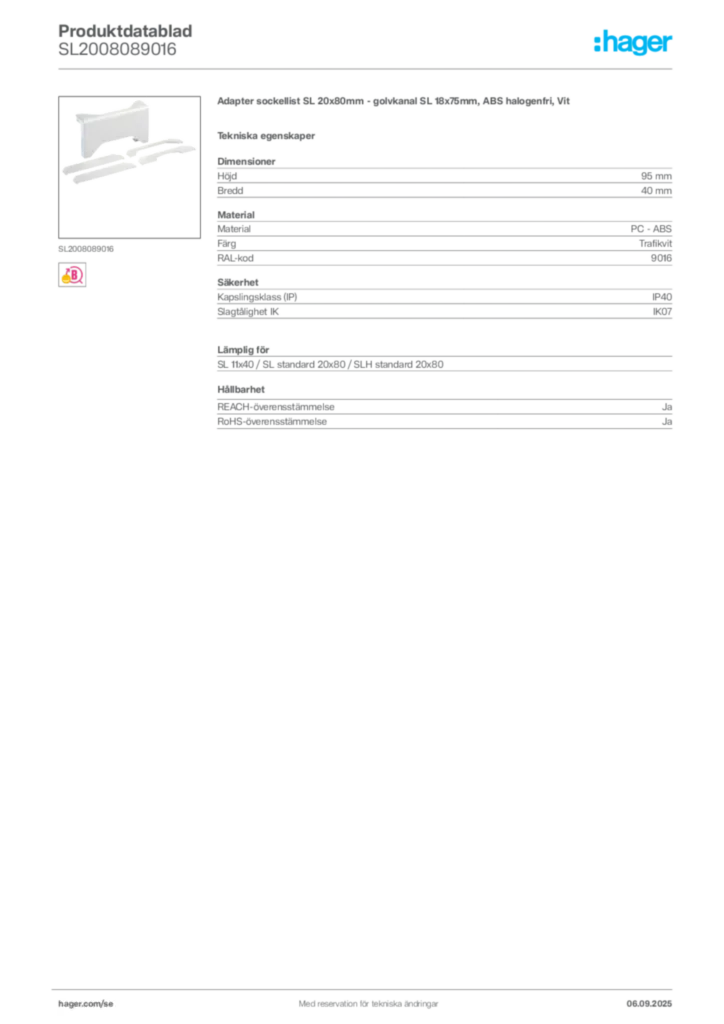 Bild Hager Produktdatablad SL2008089016 | Hager Sverige