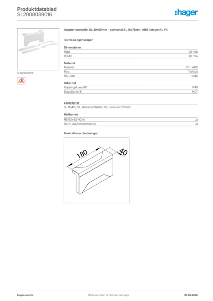Bild Hager Produktdatablad SL2008089016 | Hager Sverige